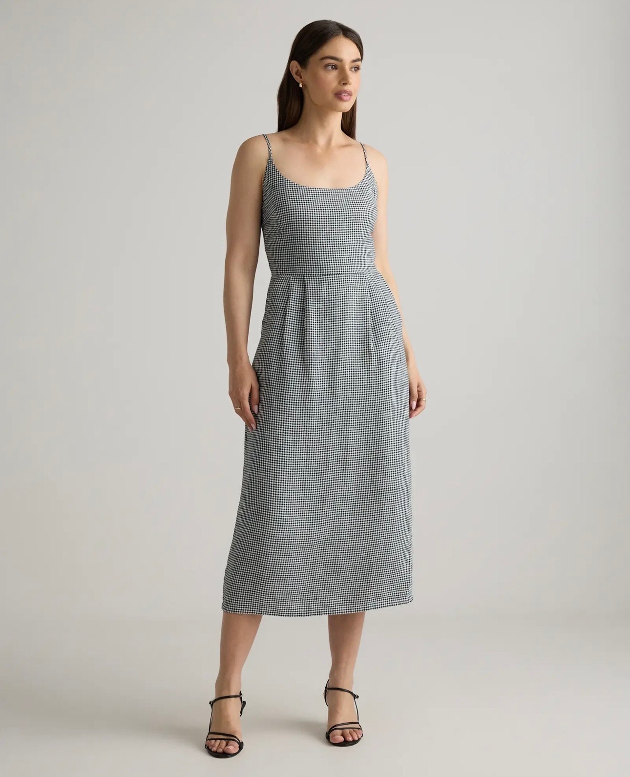 Quince European Linen Scoop Neck Gingham Midi Dress Women's Xs Black White